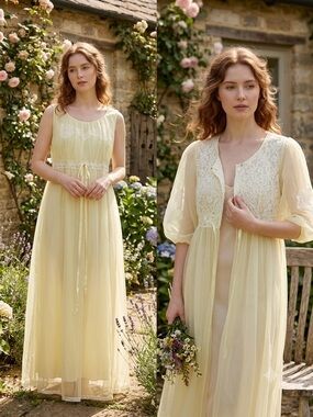 Miss Elaine 60/70s Peignoir Set Lemon Yellow Chiffon Lace Nightgown Robe XS/S